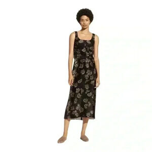 NEW Vince Fallen Leaf Velvet Slip Black Midi Skirt